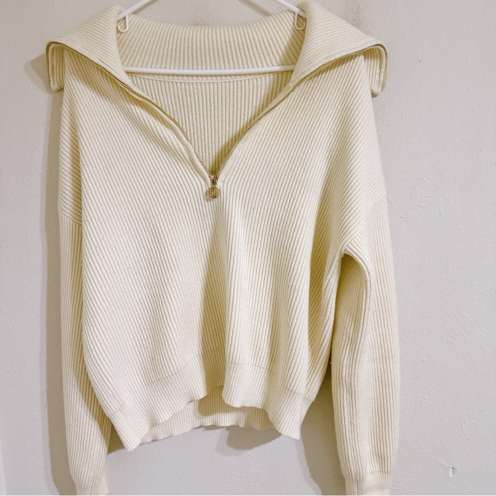 Cream Ribbed Cowl Neck Sweater